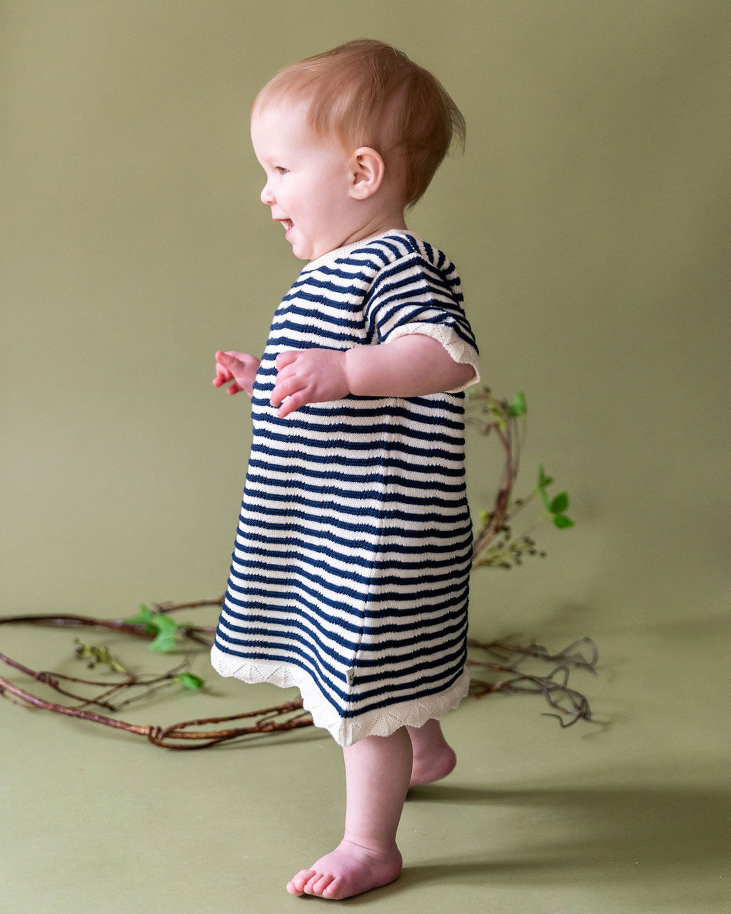 Pointelle & Navy Stripe Knit Tunic Dress & Bloomer Set (Organic Cotton)