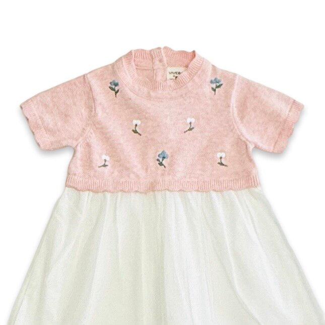 Floral Embroidered Short Sleeve Tutu Baby Knit Dress (Organic Cotton)