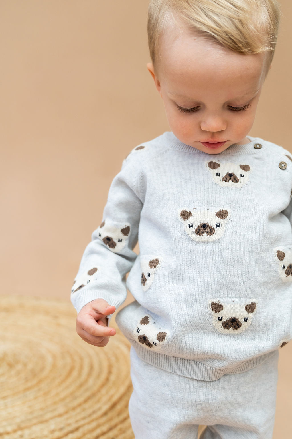 Frenchie Puppy Jacquard Knit Baby Raglan Pullover Sweater + Pant SET (Organic Cotton)