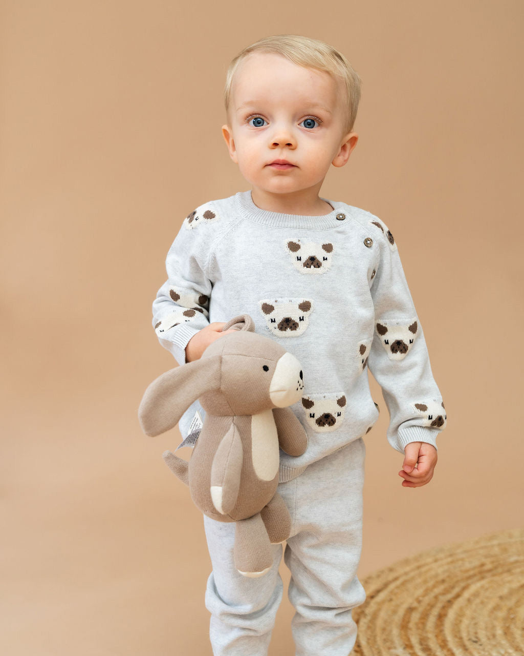 Frenchie Puppy Jacquard Knit Baby Raglan Pullover Sweater + Pant SET (Organic Cotton)