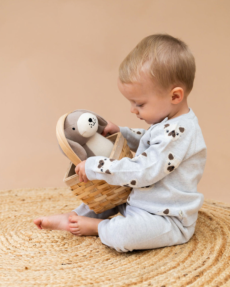 Frenchie Puppy Jacquard Knit Baby Raglan Pullover Sweater + Pant SET (Organic Cotton)