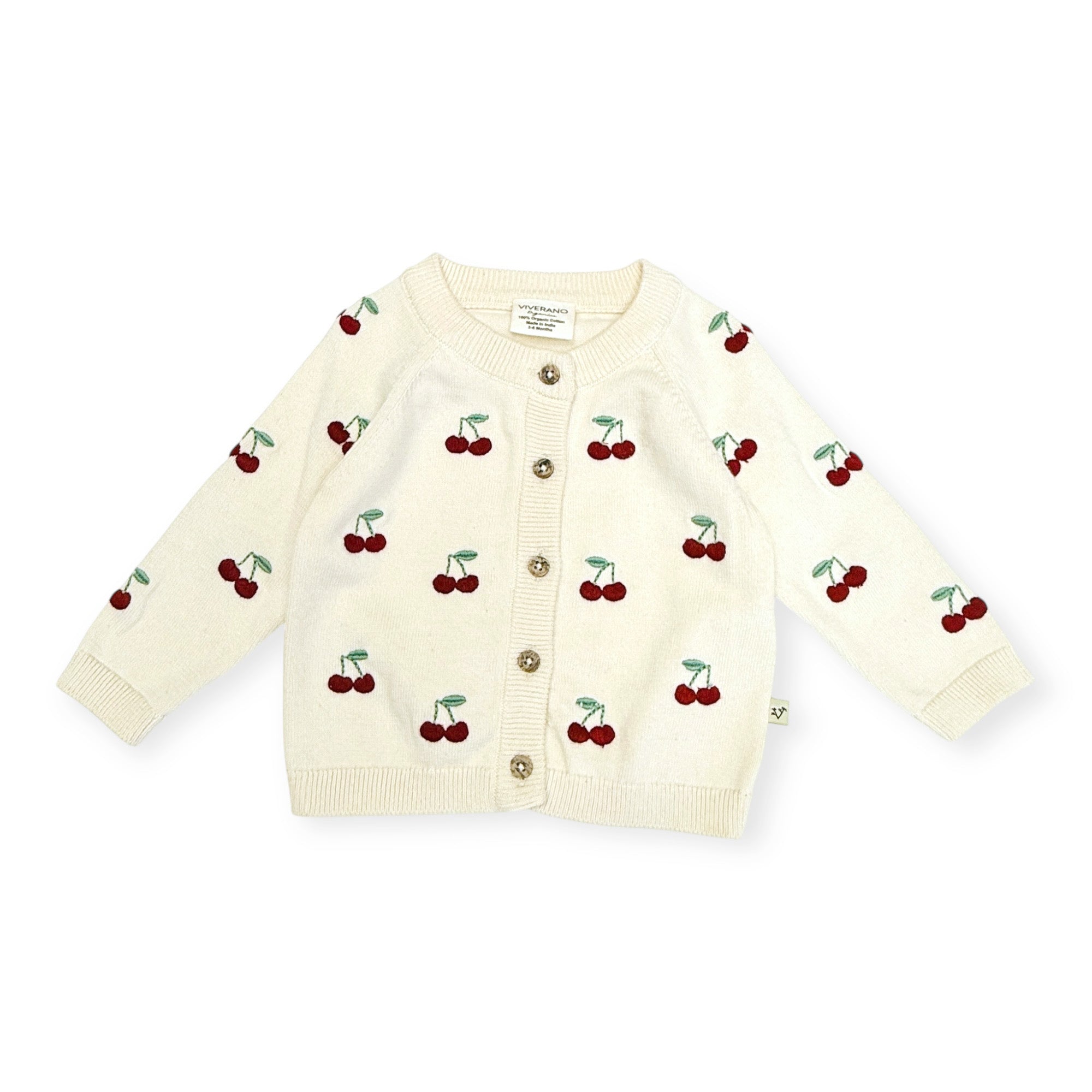 Cherry Embroidered Sweater Knit Baby Cardigan (Organic Cotton) - Front