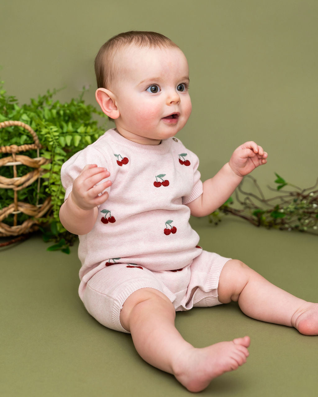 Cherry Embroidered Knit Short Sleeve Baby Romper (Organic Cotton)