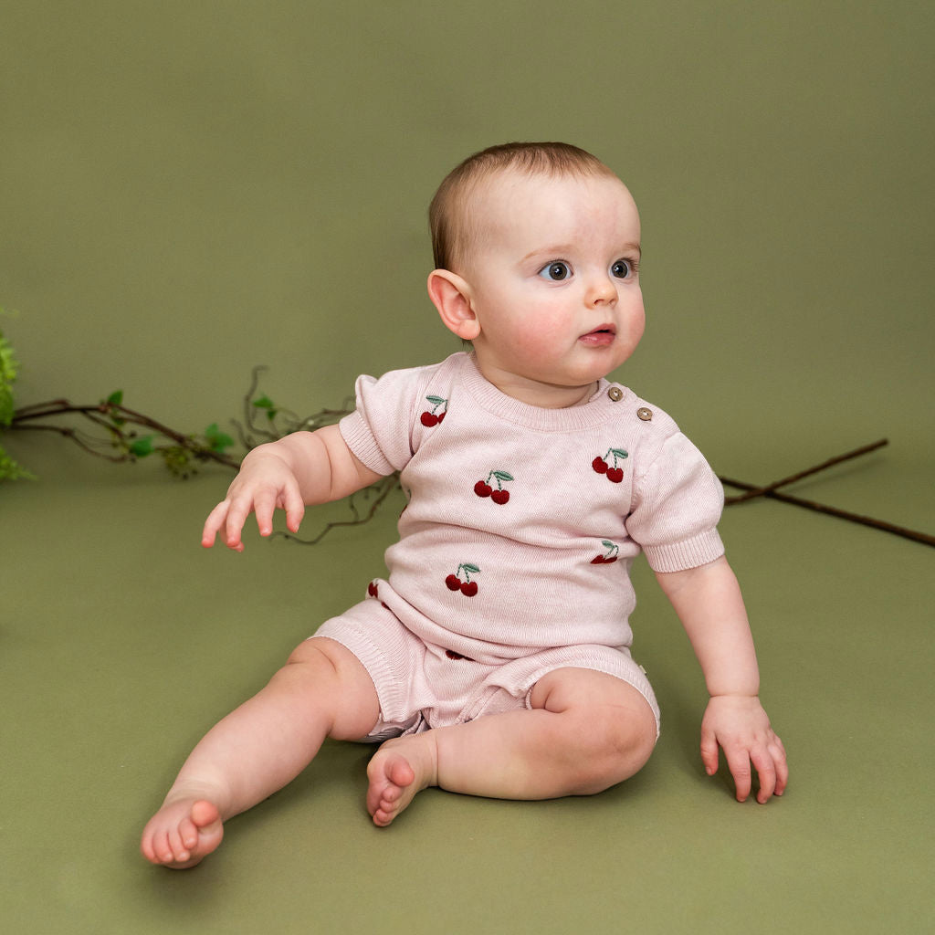 Cherry Embroidered Knit Short Sleeve Baby Romper (Organic Cotton)