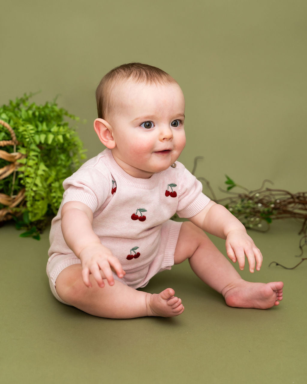 Cherry Embroidered Knit Short Sleeve Baby Romper (Organic Cotton)