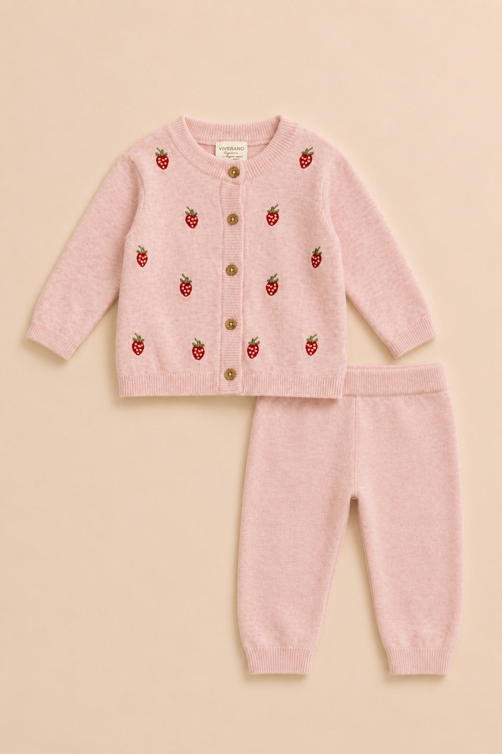 Strawberry Embroidered Sweater Knit Baby Top and Pants, Organic Cotton