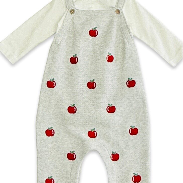 Viverano Organics organic cotton baby overall set with long sleeves and red apple embroidery design