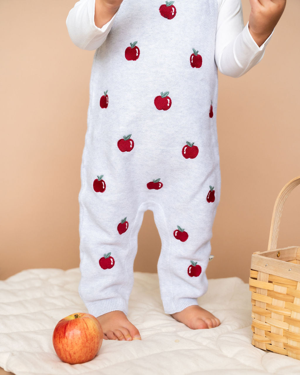 Viverano Organics organic cotton baby overall set with red apple embroidery on light gray organic cotton fabric