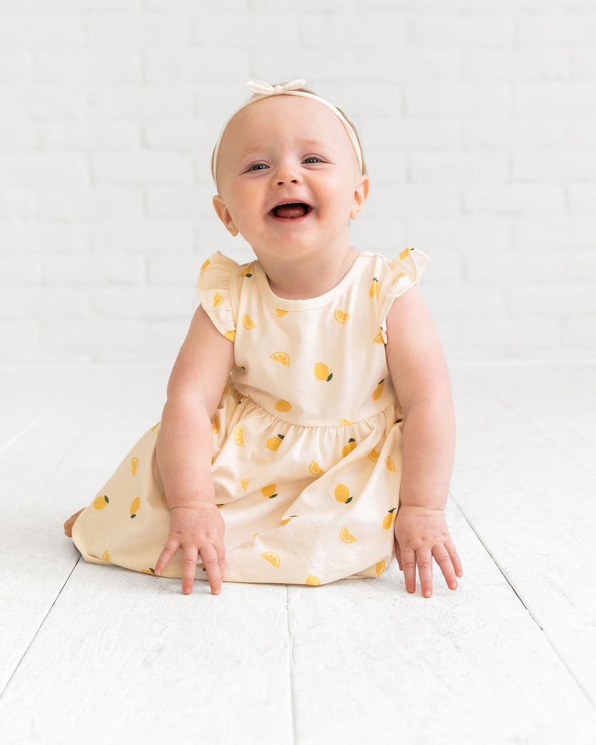 Viverano | Lemon Baby Ruffle Dress + Bloomer Set (Organic Jersey) Viverano | Lemon Baby Ruffle Dress + Bloomer Set (Organic Jersey)