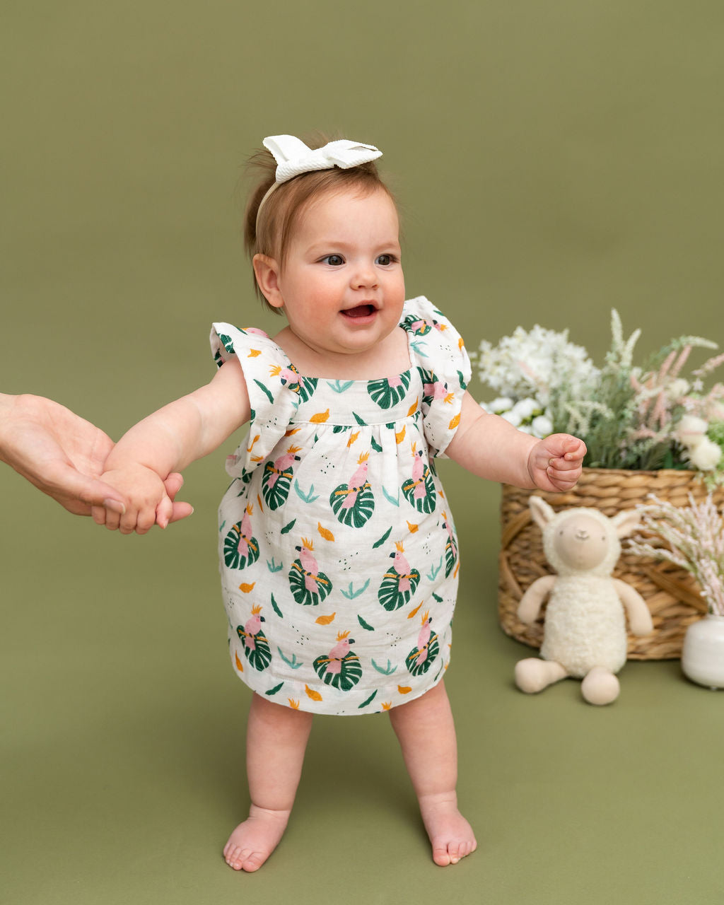 Parrot Ruffle Sleeve Baby Dress + Bloomer Set (Organic Muslin)