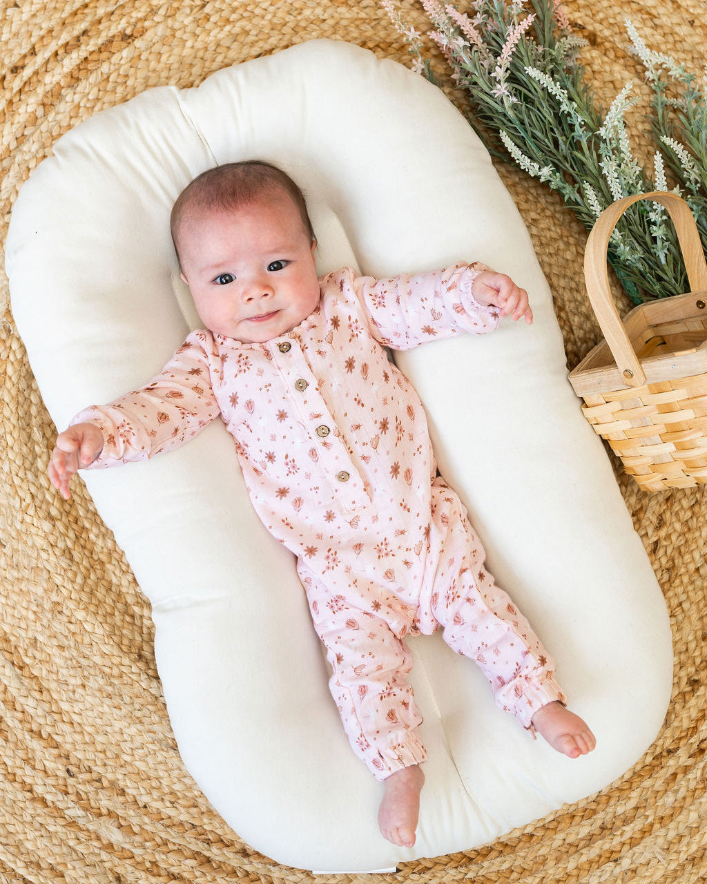 Pink Floral Long Sleeve Baby Jumpsuit (Organic Muslin)