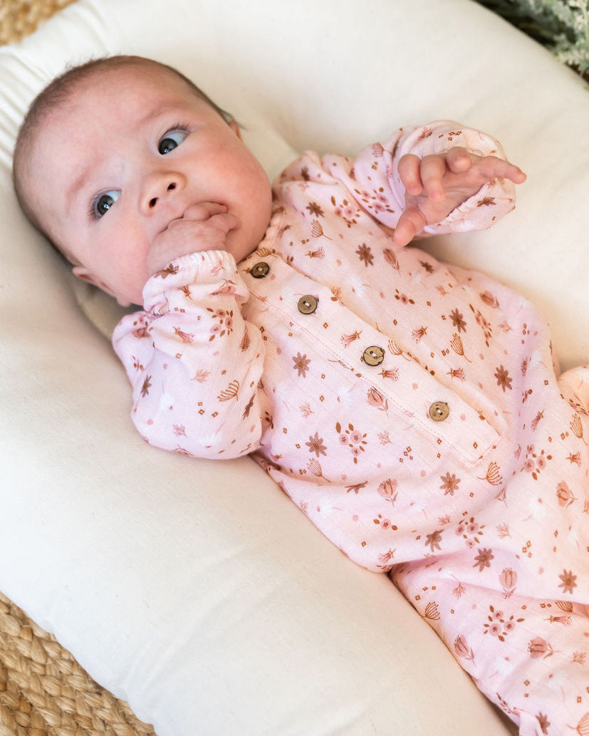 Pink Floral Long Sleeve Baby Jumpsuit (Organic Muslin)