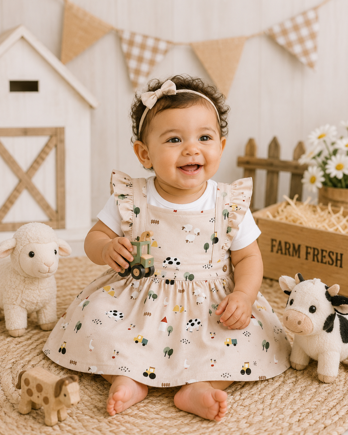 Baby Wearing Farm Pinafore Baby Dress and Bodysuit Set Organic Jersey by Viverano