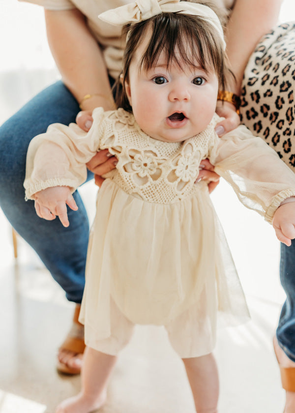 Thalia Crochet Lace Baby Tutu Romper & Headband (Organic Cotton), Vanilla Cream / 3-6M