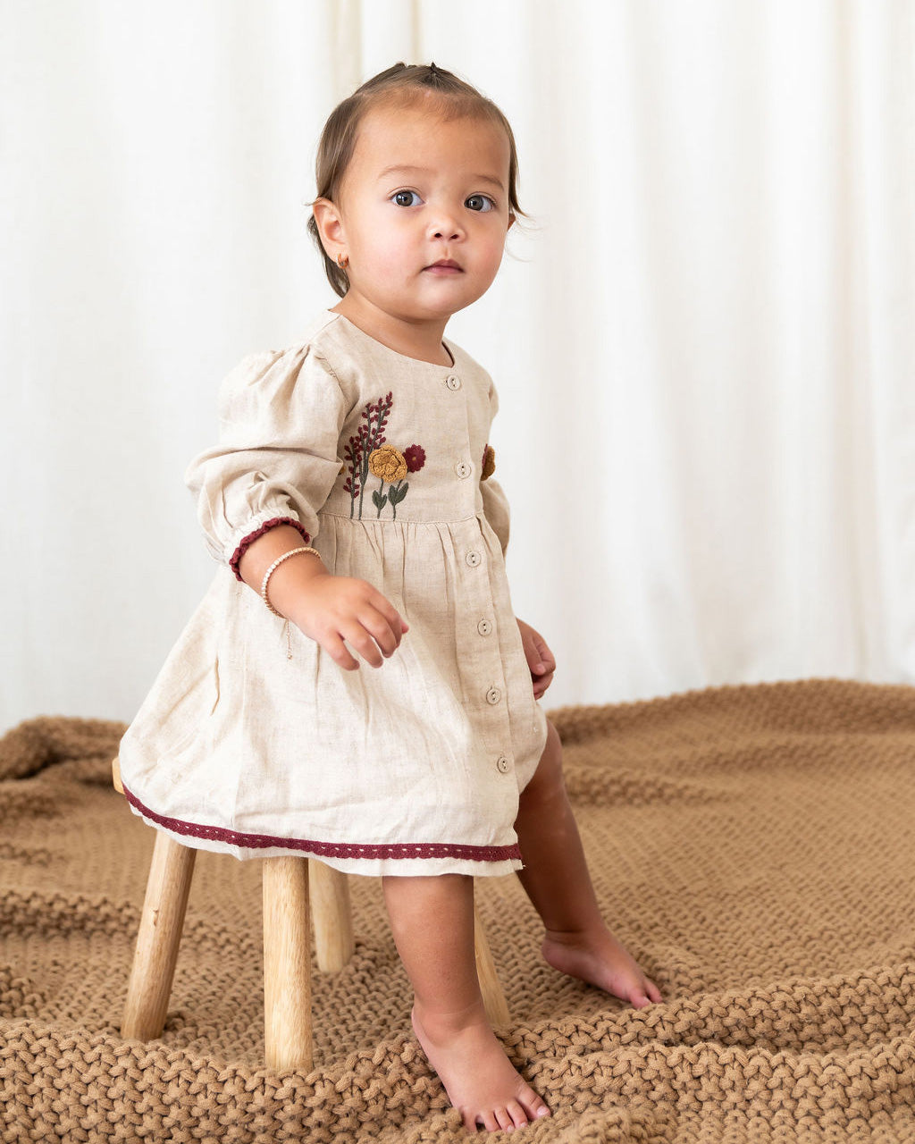 Ravello Linen Embroidered Baby Dress & Bloomer Set (Linen Blend)