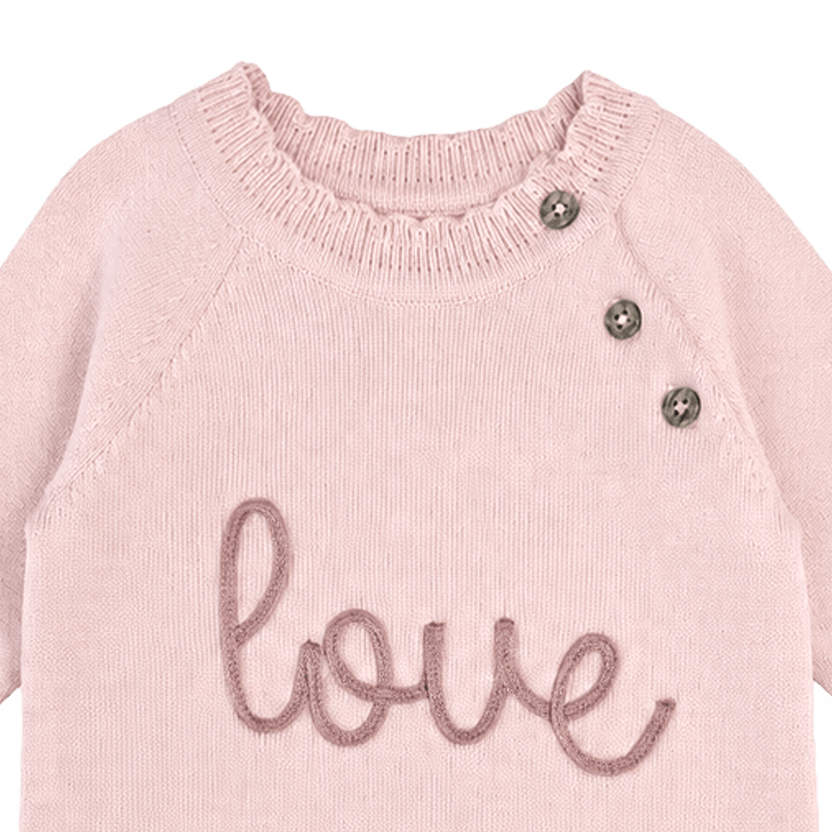 Detail of Love Embroidered Sweater Knit Baby Jumpsuit - Organic Cotton