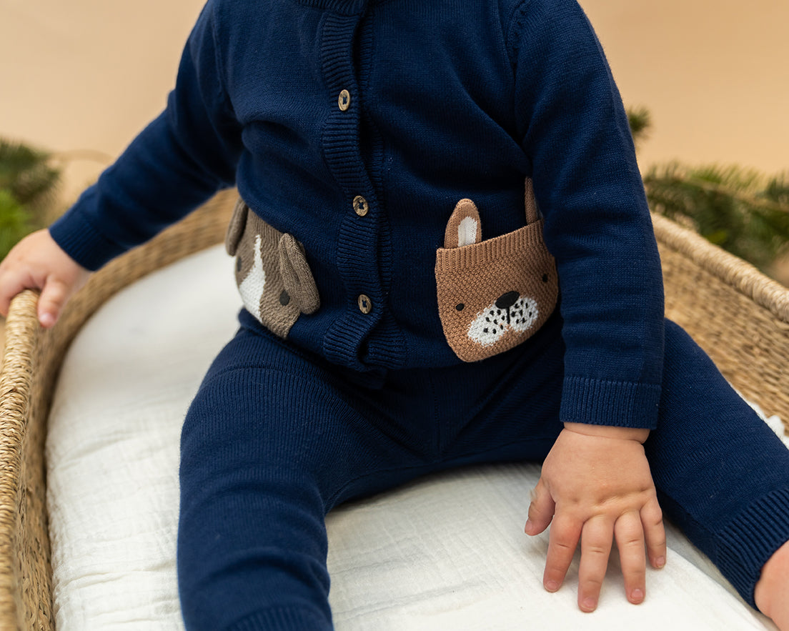 Dog Pocket Embroidered Sweater Knit Baby Cardigan (Organic Cotton)