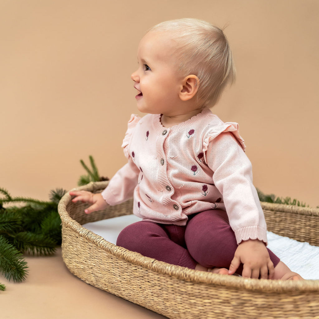 Floral Embroidered Pointelle Knit Baby Cardigan (Organic Cotton)