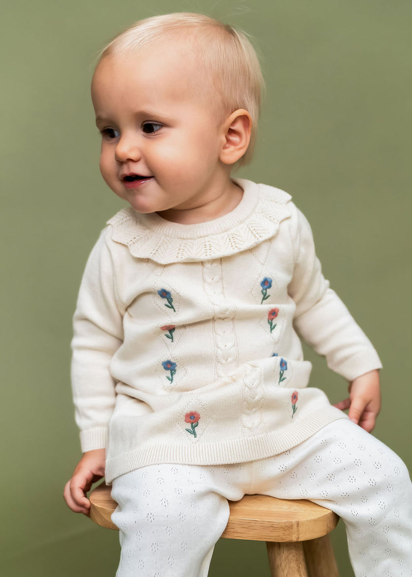 Emma Floral Embroidered Knit Baby Ruffle Dress (Organic Cotton)