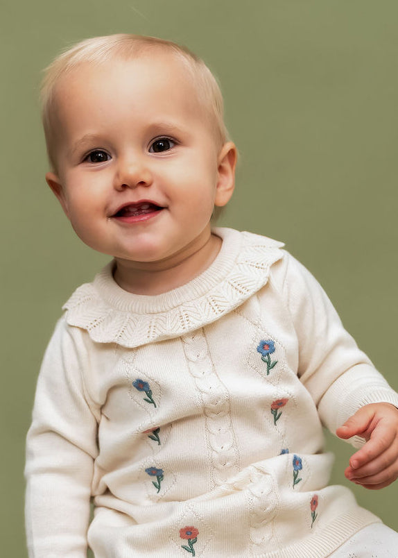 Emma Floral Embroidered Knit Baby Ruffle Dress (Organic Cotton)