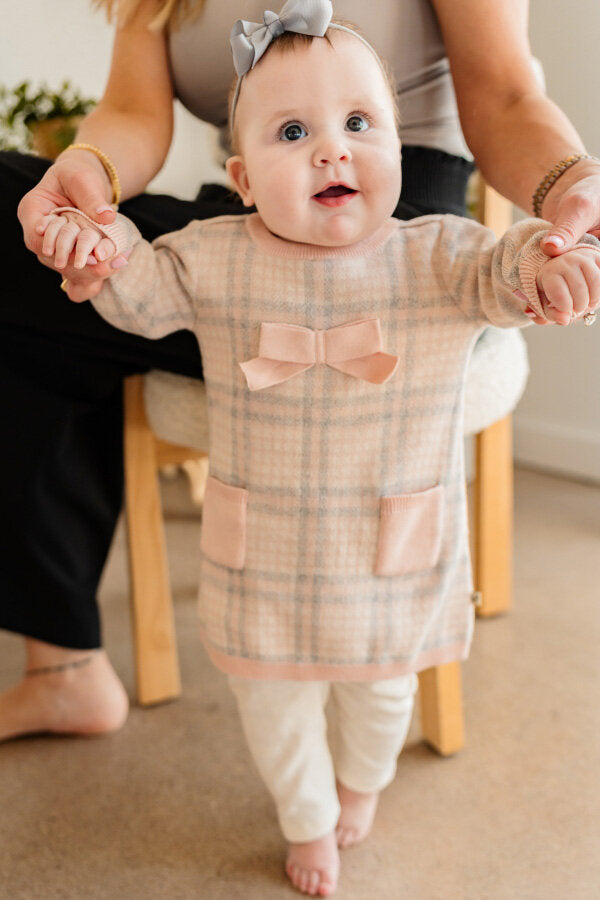 Sophie Bow Checkered Sweater Knit Baby Dress (Organic Cotton) Rosewood Pink / 12-18M Sophie Bow Checkered Sweater Knit Baby Dress (Organic Cotton) Rosewood Pink / 12-18M