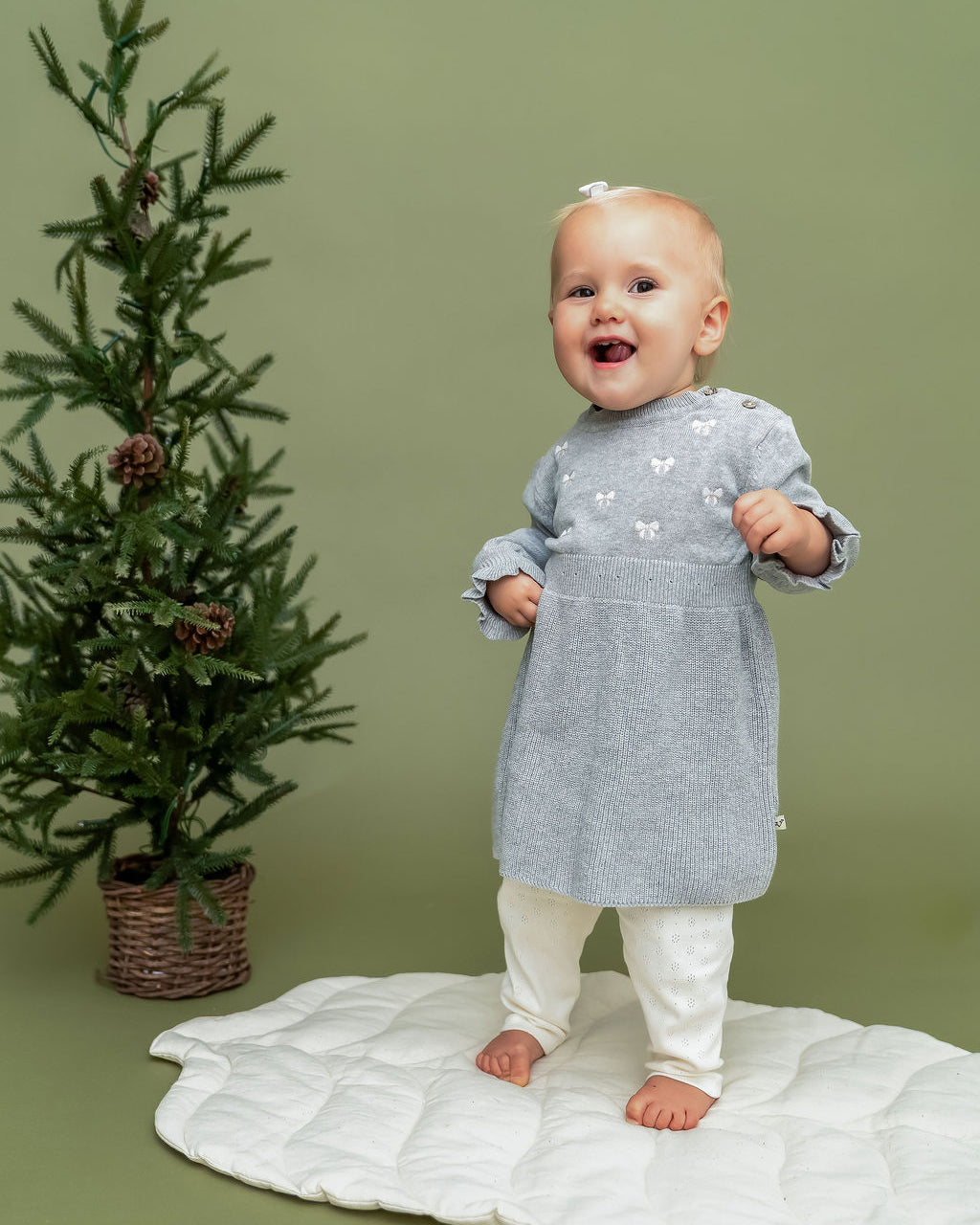 Emma Bow Balloon Sleeve Sweater Knit Baby Dress (Organic Cotton)