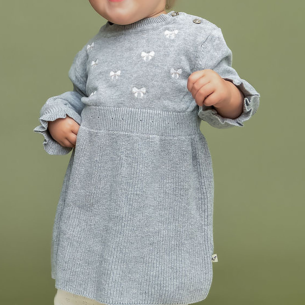 Emma Bow Balloon Sleeve Sweater Knit Baby Dress (Organic Cotton)