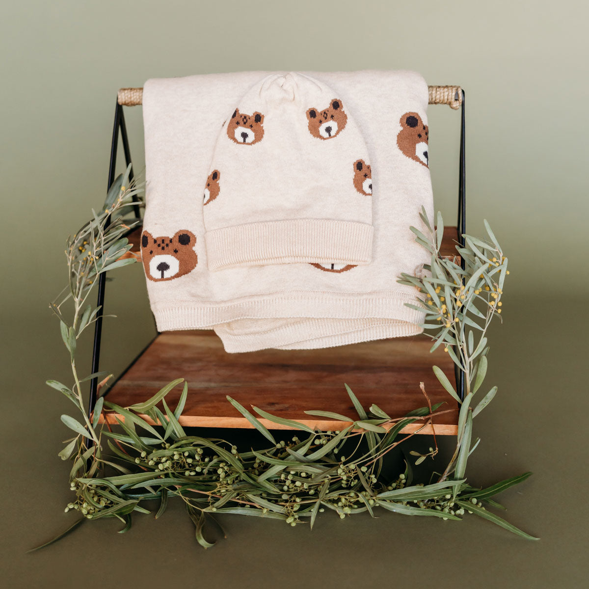 Bear Sweater Knit Round Baby Beanie Hat (Organic Cotton) on matching baby blanket by Viverano