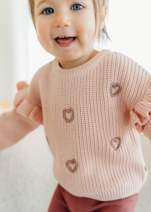 Hearts Embroidered Slouchy Sweater Knit Baby Pullover (Organic Cotton)