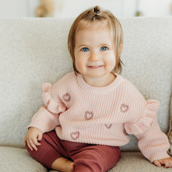 Hearts Embroidered Slouchy Sweater Knit Baby Pullover (Organic Cotton)