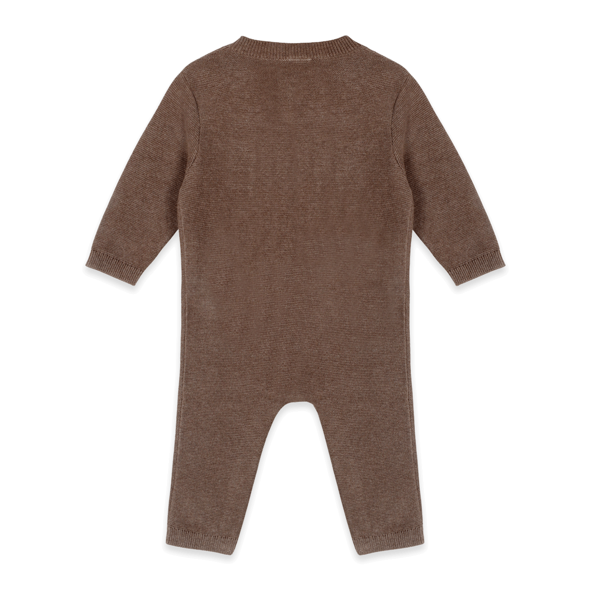 Back of Classic Pocket & Button Chunky Knit Baby Jumpsuit Organic Cotton - Cocoa Heather