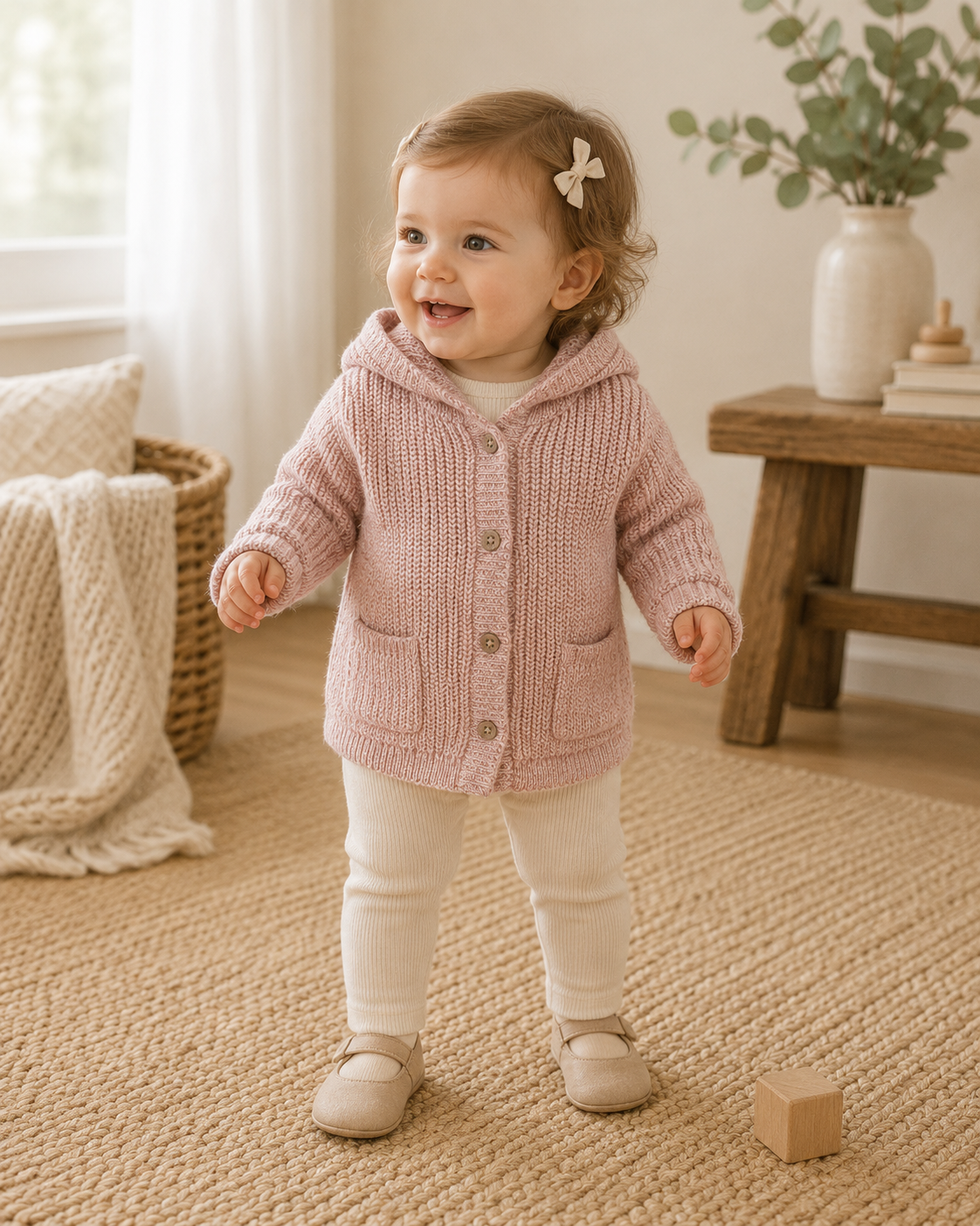 Baby Girl Wearing Classic Chunky Knit Baby Hooded Jacket, Organic Cotton by Viverano