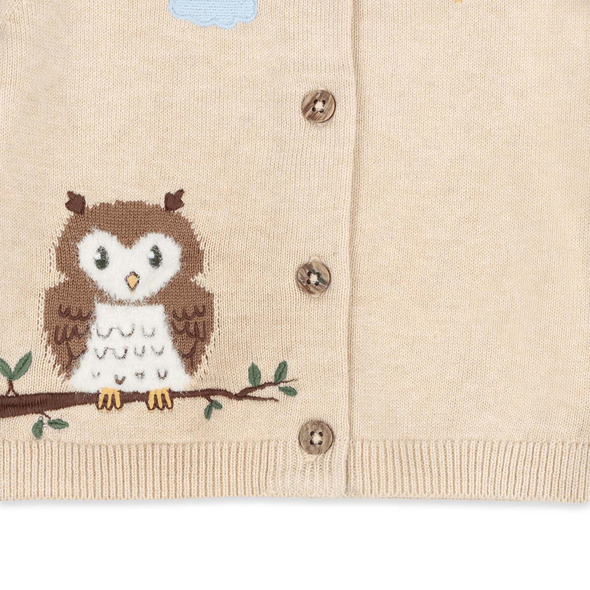 Organic Cotton Owl Embroidered Knit Baby Cardigan, Embroidery Detail