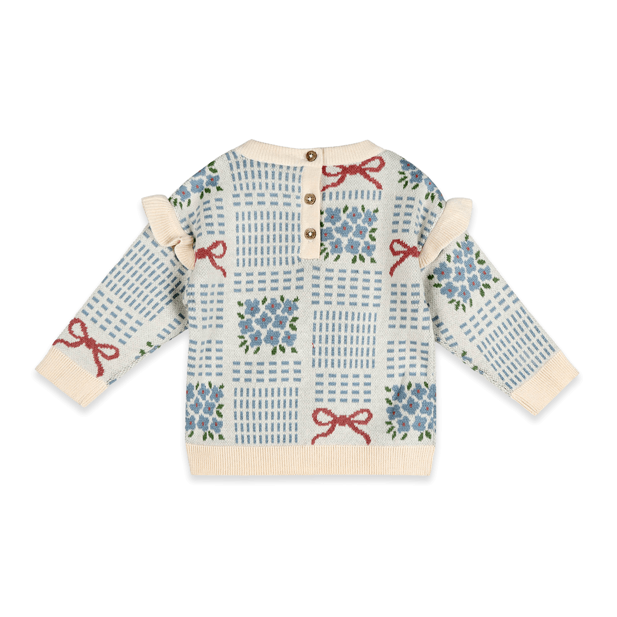 Organic Cotton Floral Bow Jacquard Knit Baby Pullover, Back