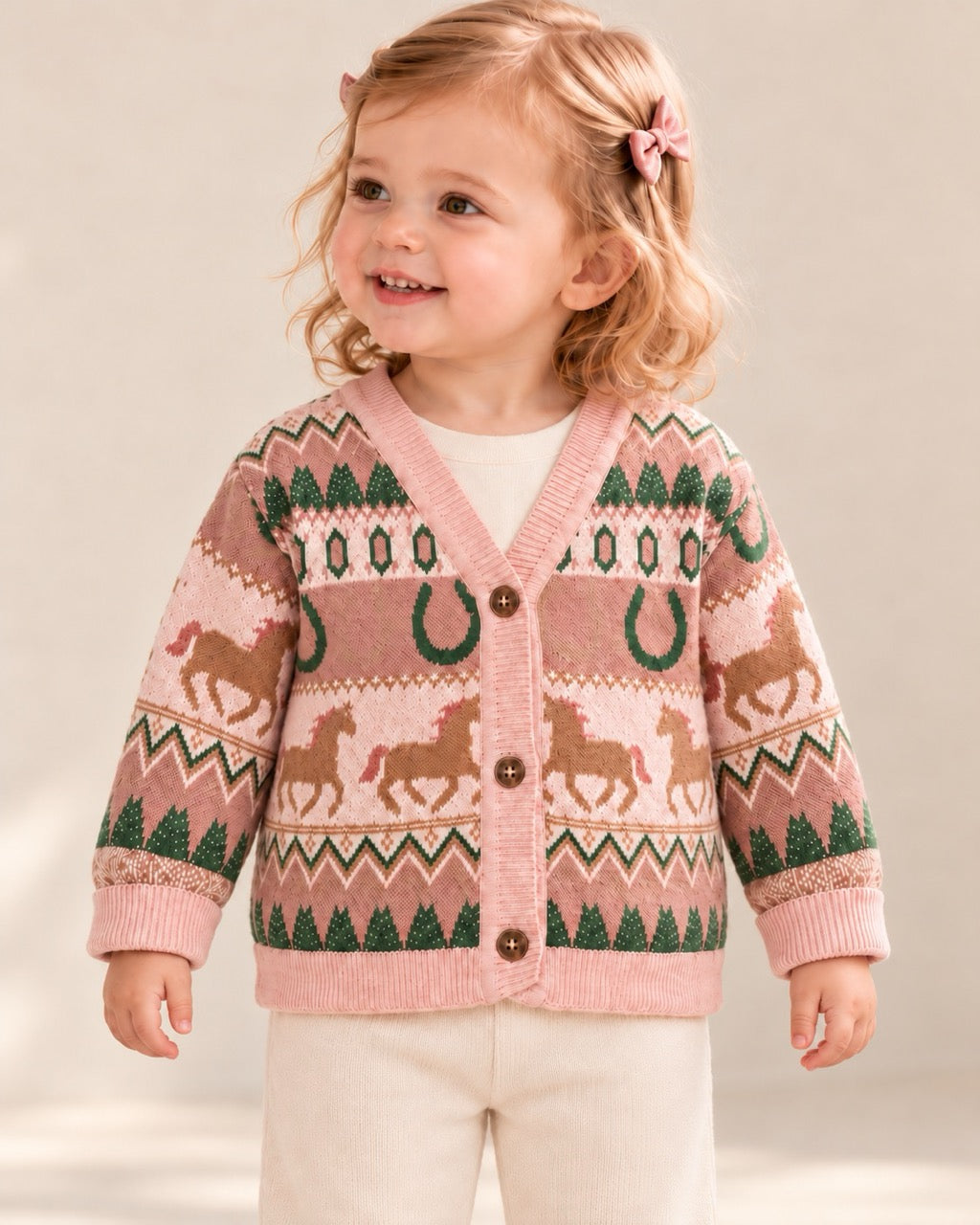 Western Horse Jacquard Knit Pink Girls Toddler Cardigan (Organic Cotton)