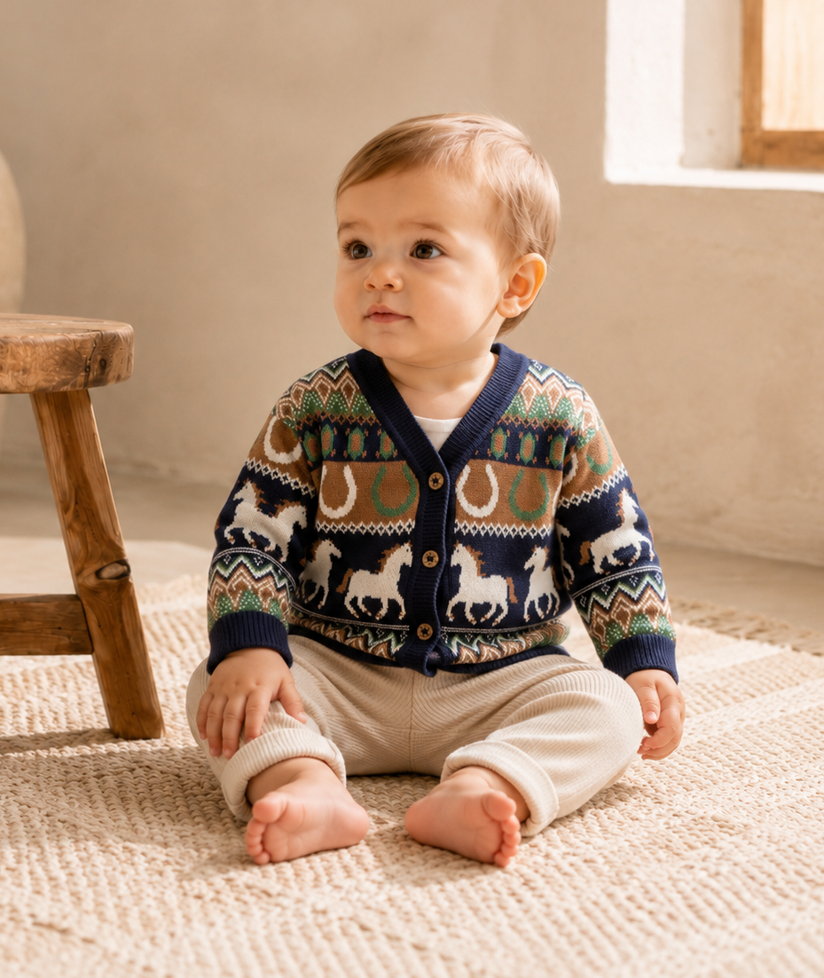 Baby Wearing Western Jacquard Knit Baby Cardigan, Organic Cotton by Viverano