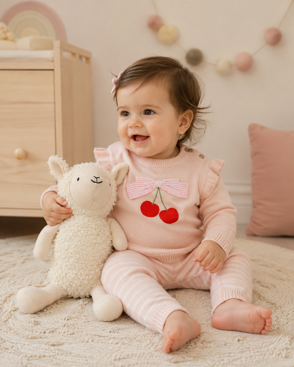 Baby Girl Wearing Cherry Bow Baby Pullover and Stripe Pants, Organic Cotton by Viverano