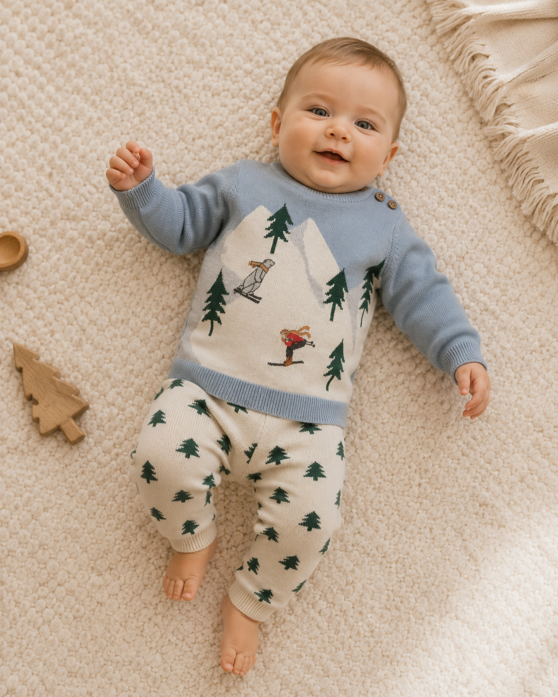 Baby Boy Wearing Ski Knit Baby Pullover Sweater and Pant Set, Organic Cotton by Viverano