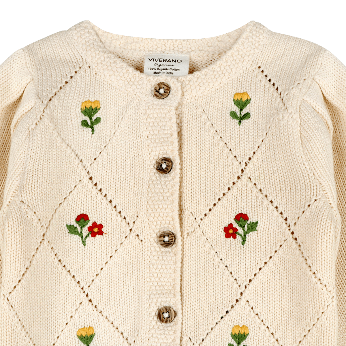 Organic Cotton Lisa Floral Embroidered Baby Cardigan, Detail