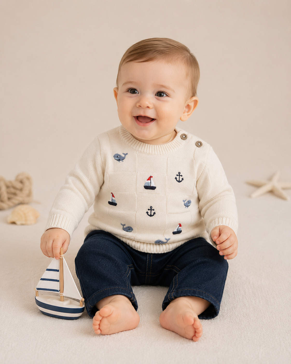 Baby Wearing Miles Nautical Embroidered Baby Pullover, Organic Cotton