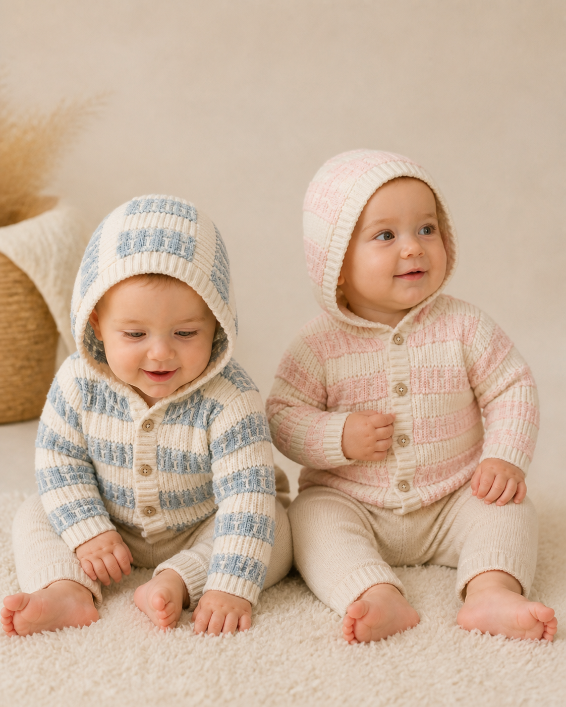 Babies Wearing Textured Knit Baby Hooded Jackets, Organic Cotton by Viverano