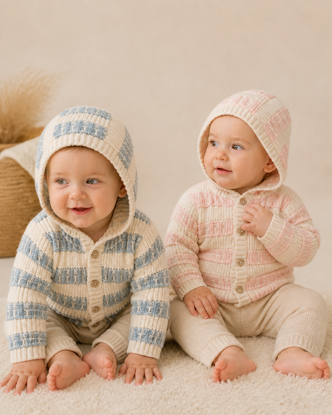 Babies in Textured Knit Baby Hooded Jackets, Organic Cotton by Viverano