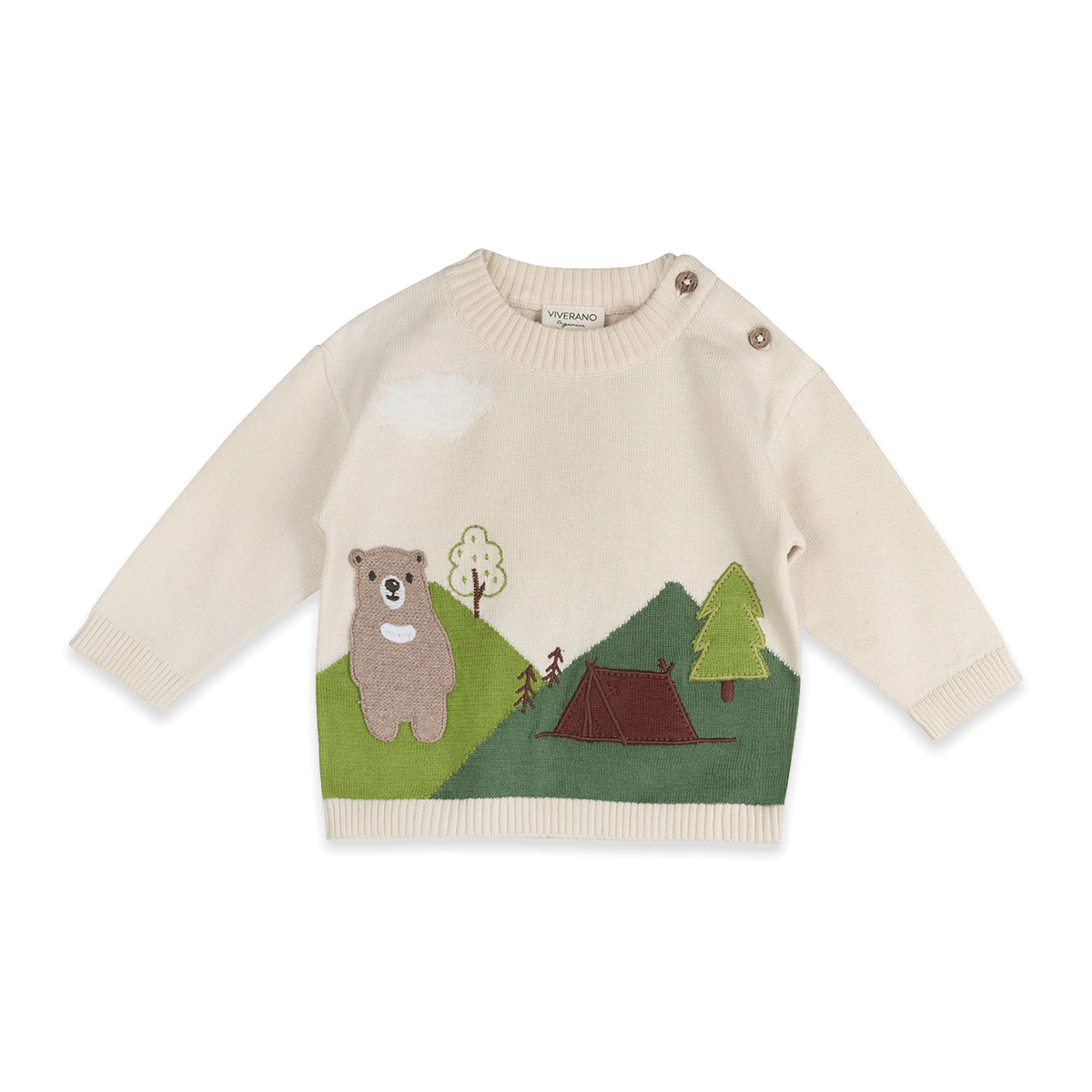 Organic Cotton Camping Bear Jacquard Knit Baby Pullover and Pant Set, Front