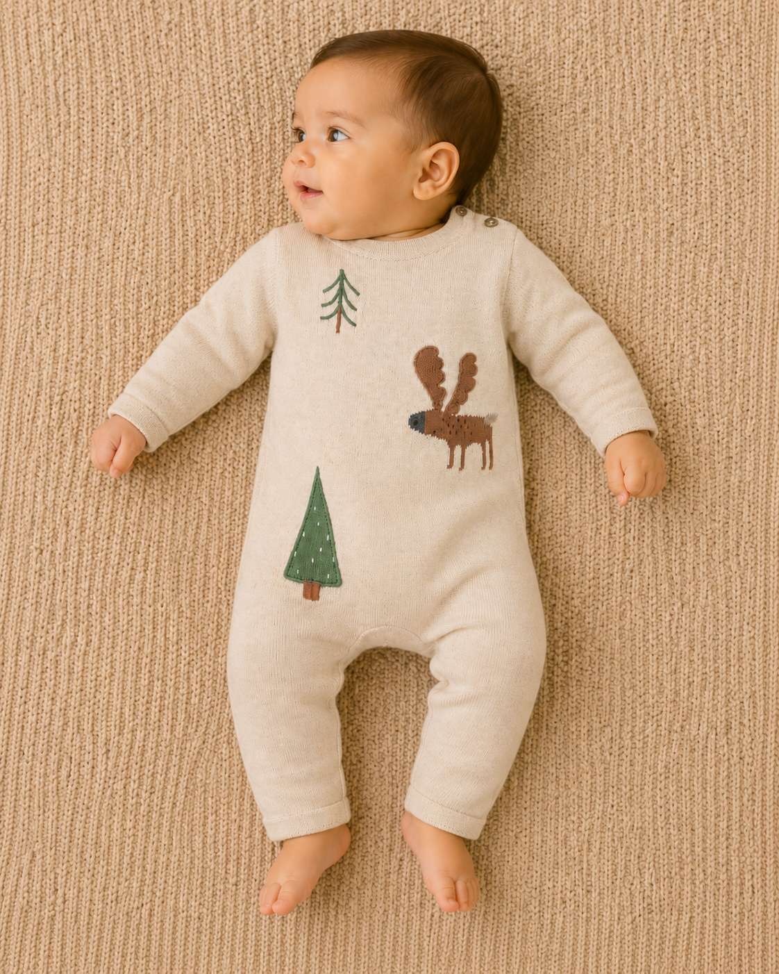 Baby Wearing Moose Applique Knit Baby Jumpsuit, Organic Cotton by Viverano