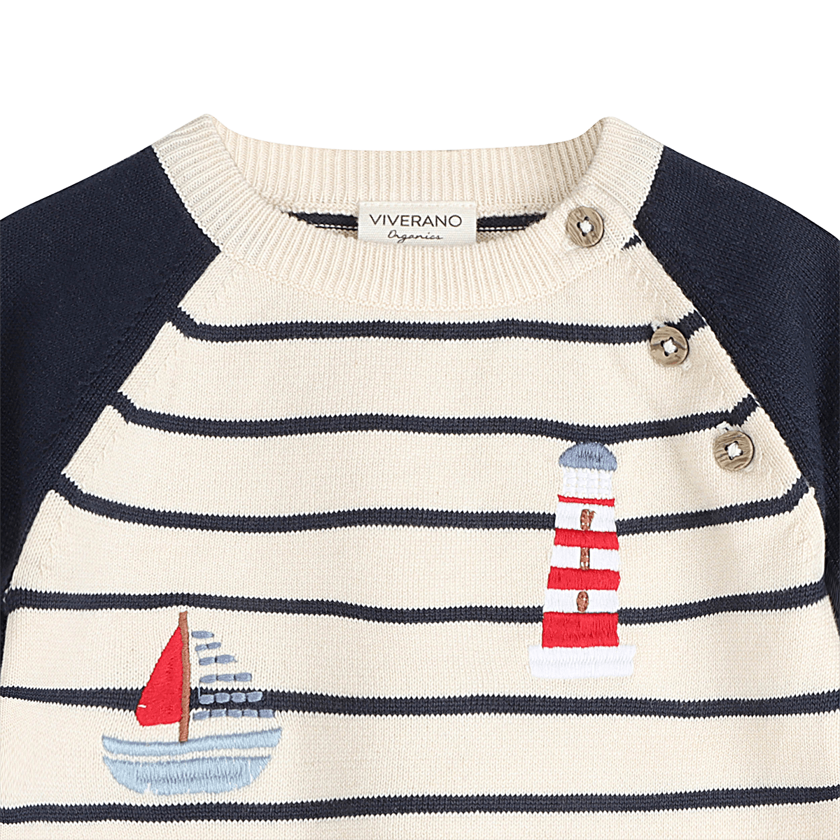 Organic Cotton Nautical Stripe Embroidered Knit Baby Pullover, Detail