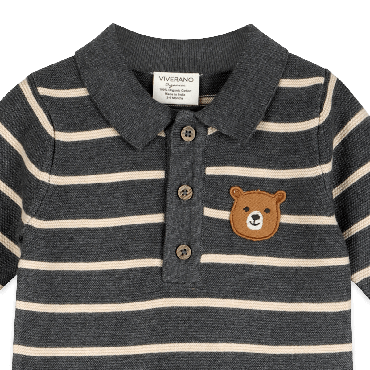 Organic Cotton Bear Face Stripe and Collar Knit Baby Jumpsuit, Detail