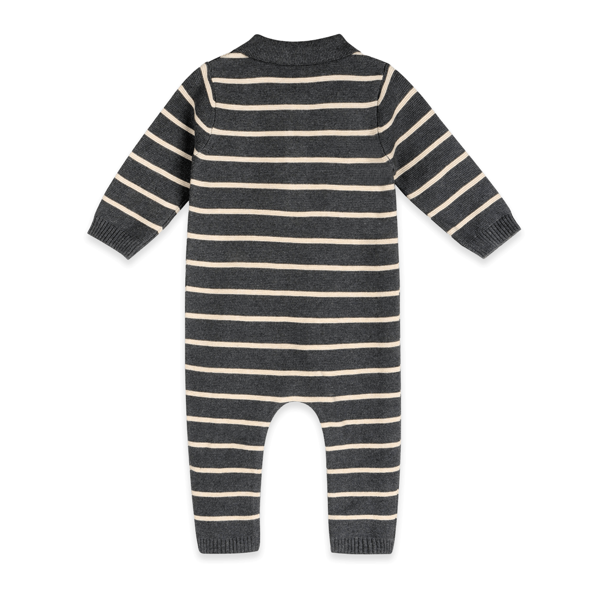 Organic Cotton Bear Face Stripe and Collar Knit Baby Jumpsuit, Back