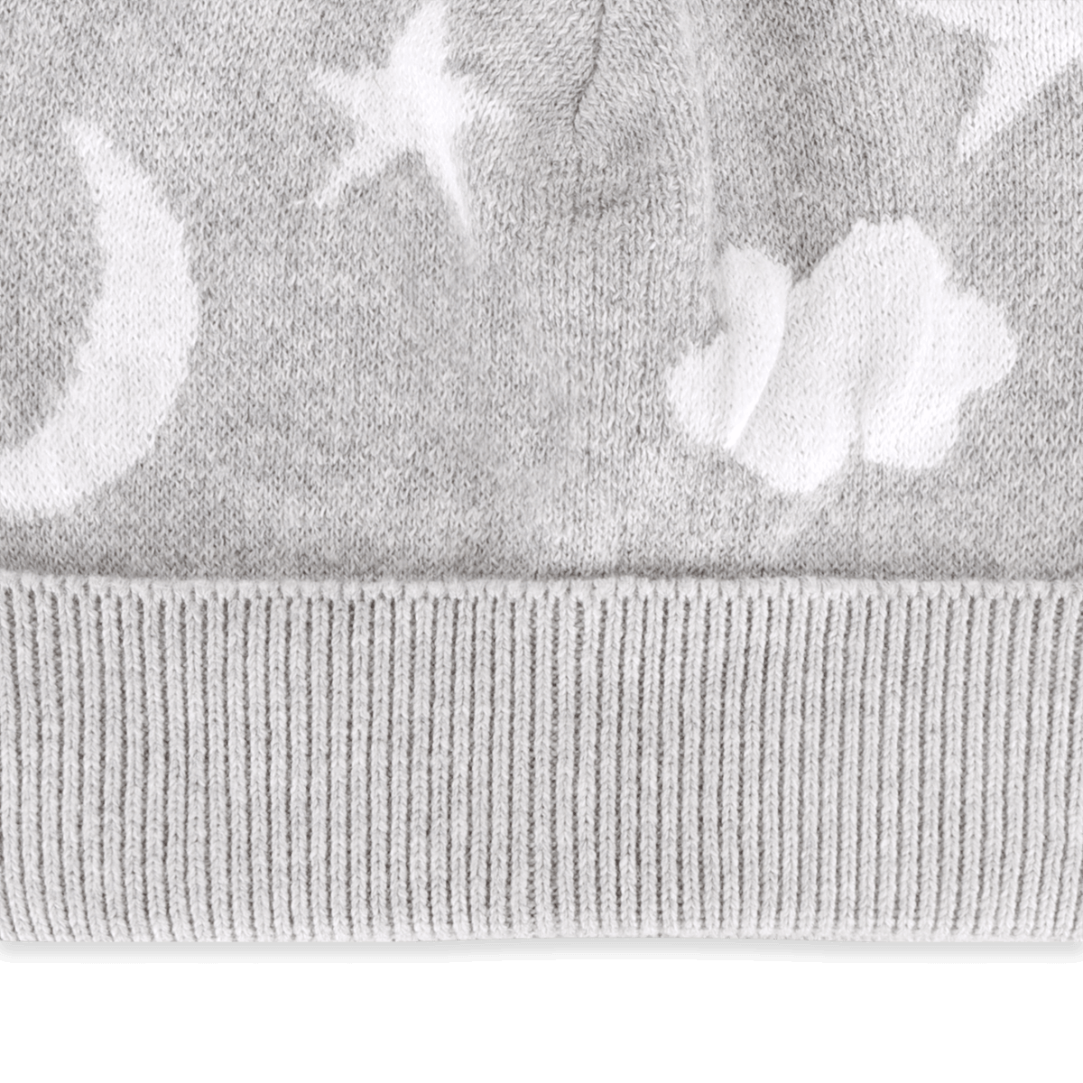 Heather Grey Organic Cotton Moon and Stars Dream Knit Round Baby Beanie Hat, Detail