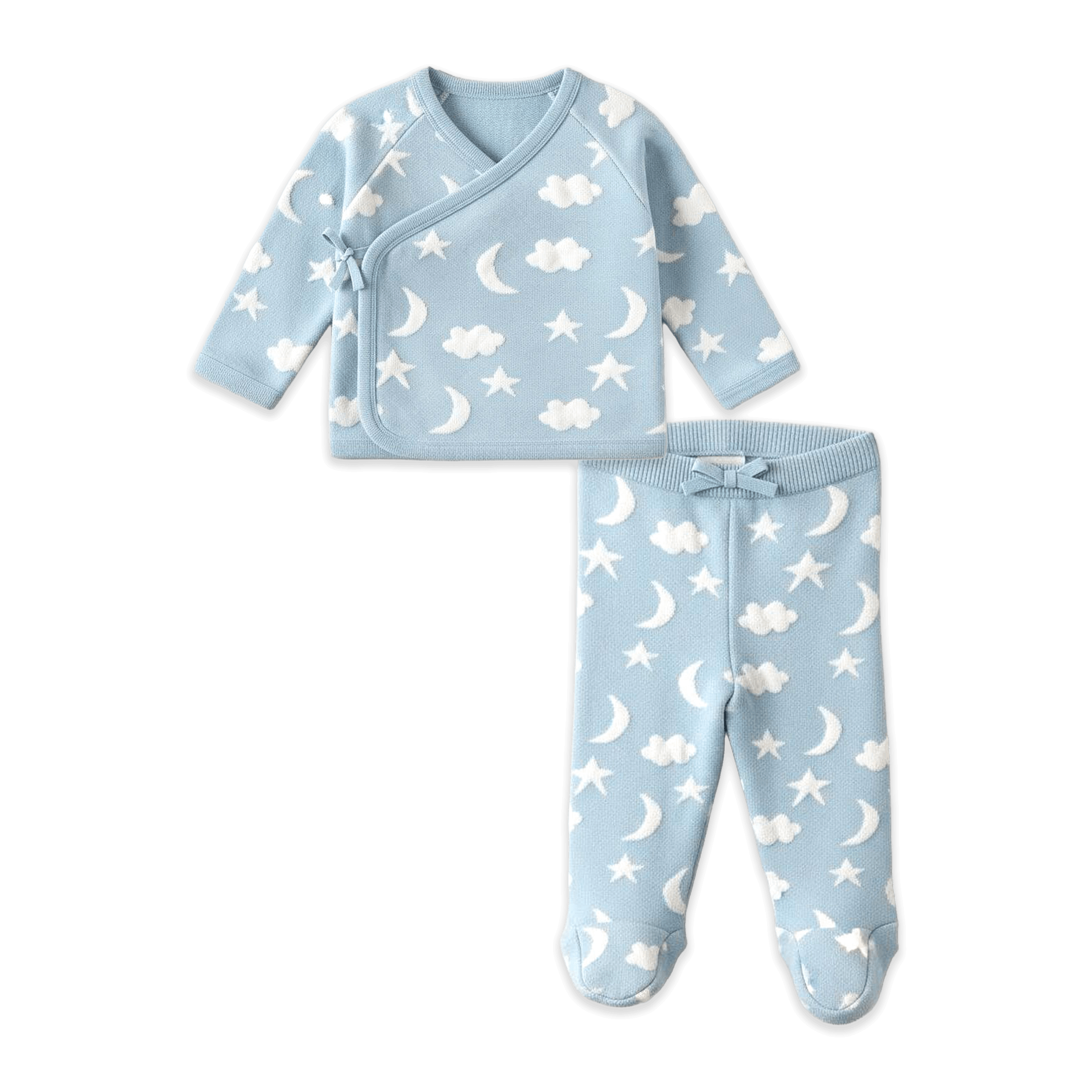 Baby Blue Moon and Stars Dream Knit Kimono Baby Top and Pant Set, Organic Cotton