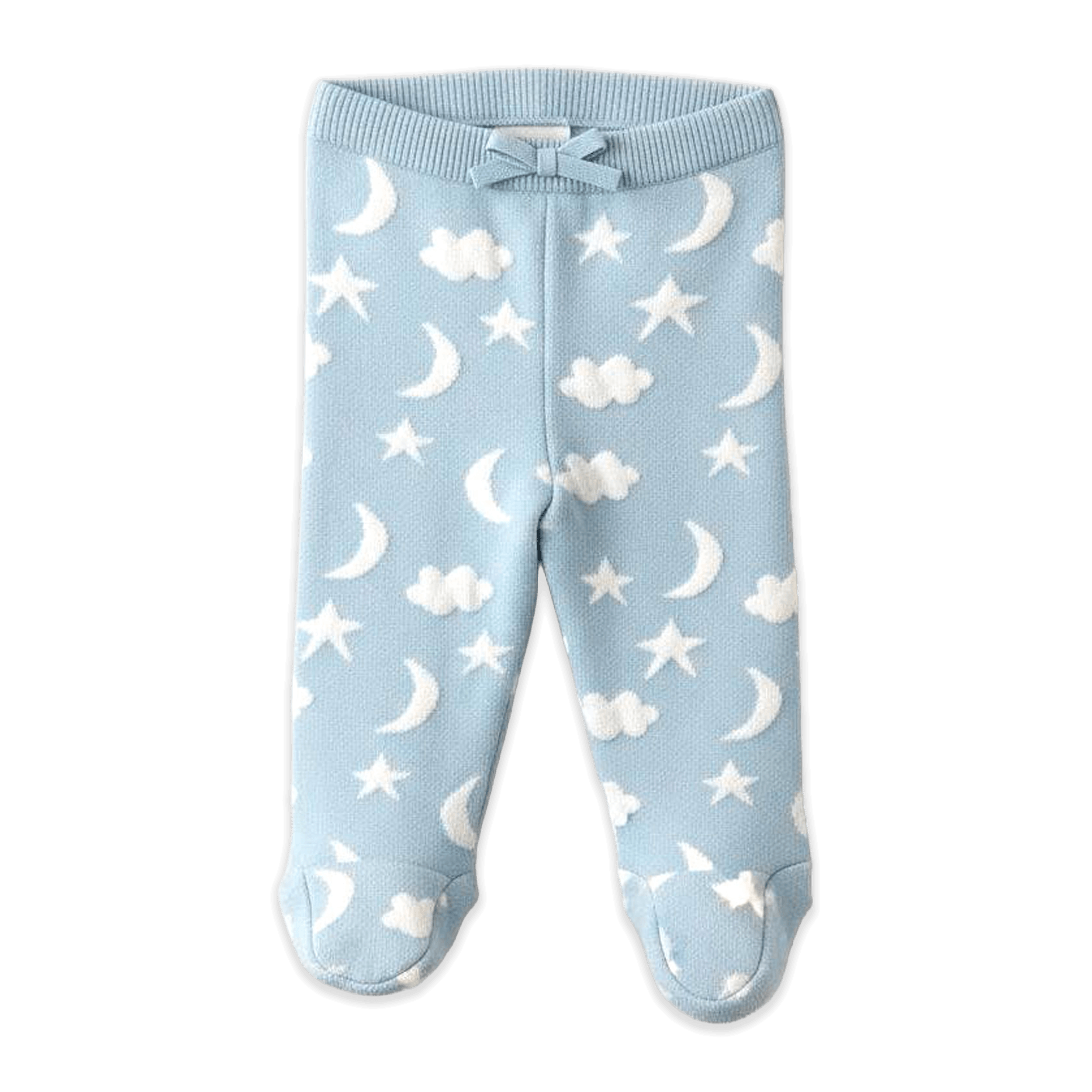 Baby Blue Organic Cotton Moon and Stars Dream Knit Kimono Baby Top and Pant Set, Footed Pants